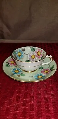 Tuscan English Bone China Tea Cup & Saucer Demitasse Vintage Green Pink Floral • $15