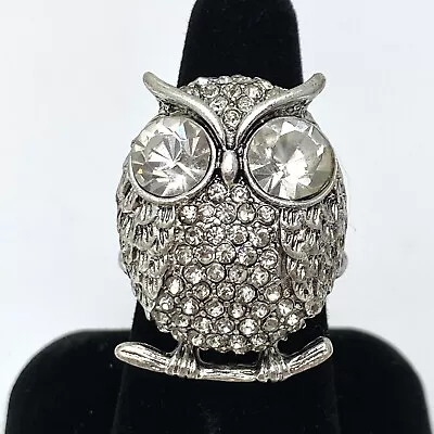 Vintage 80s Silvertone Stretch Owl Rhinestone Pave Ring  • $19.89