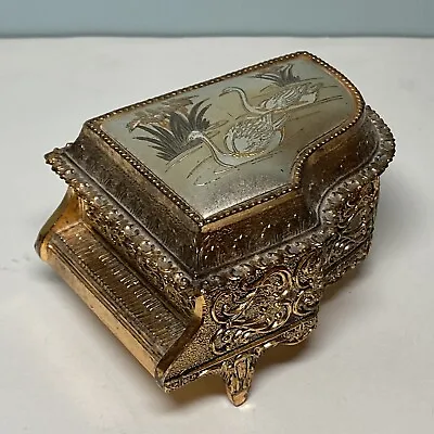 Jewelry Gold Plated Trinket Footed Music Box Piano Shape Made In Japan Swans • $25