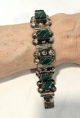 Vintage Taxco Sterling Silver Carved Green Onyx Bracelet • $39