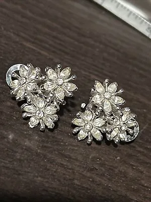 Vintage Signed Pennino Rhodium Rhinestone Daisy Runway Statement Clip Earrings • $75