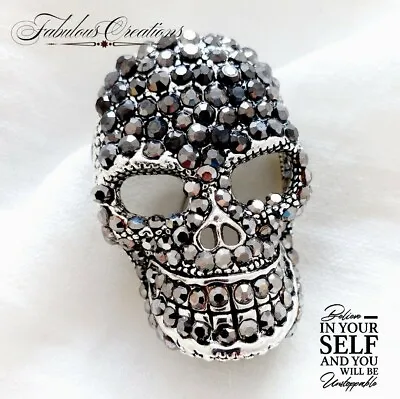 £6.19 • Buy Gothic Silver Head Skull Brooch Black Crystals Pin Small Vintage Style Punk Gift