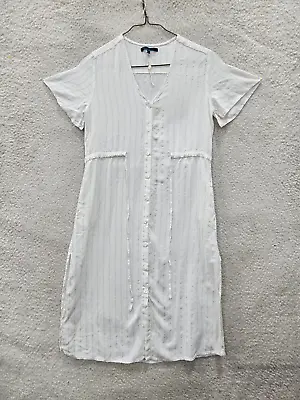 Shore Brand Dress Women Extra Small White Rayon B PinStripe Short Sleeve Midi F. • $11.50