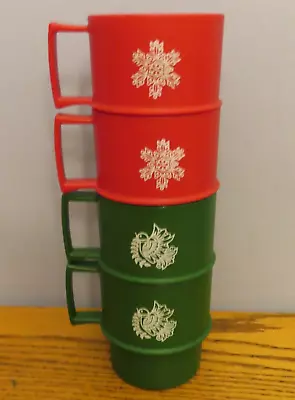 4 Vintage Tupperware Stacking Coffee Cups Mugs - Green Dove/Red Snowflake Clean • $19.99