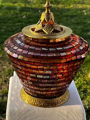 Glass Tiled Mosaic Amber Red Gold Boho Covered Ginger Jar Vase Decor India 9.5 • $39.99