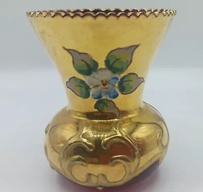 Antique Venetian Murano Ruby Glass Bud Vase Enamel 24k Gilded Hand Painted 2.25  • $14.99