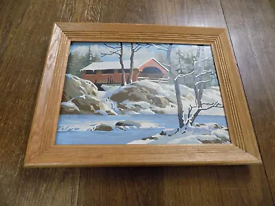 Vtg Oak Wooden Framed Paint By Number Red Covered Bridge Winter Creek Stream EUC • $23.99