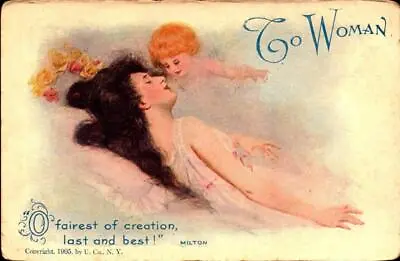 Vintage 1905 Victorian Postcard-To Women- Milton By U. Co NY Lady & Angel Bkc • $5