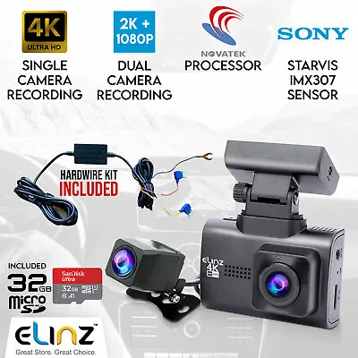$199.95 • Buy Elinz 4K 2K Dual Dash Cam WiFi GPS Car Camera WDR HUD Hardwire Fuse Kit 32GB