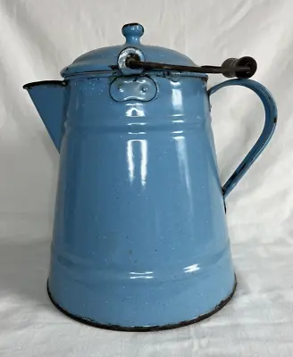 Vintage Extra Large Enamel Ware Cowboy Coffee Pot Wooden Handle Blue Speckle • $19.99
