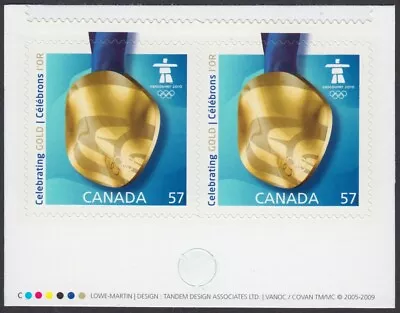 OLYMPIC GOLD MEDAL = VANCOUVER =  Cut BK Pair  W/Colour ID Canada 2010 #2372 MNH • $2.84