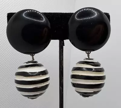 Vintage Les Bernard Black & White Clip-On Earrings Dangle Swirl Ball Lucite Wood • $31.50