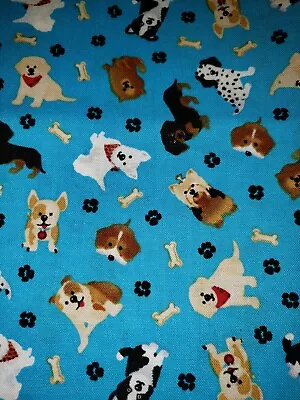 100% Cotton Cute Dog Lab Westie Pom Dachshund Bones Paw Prints Blue Fabric 1/4Y • $3.50