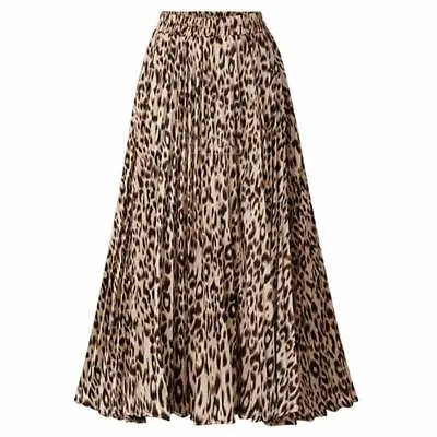 Womens Chic Elastic High Waisted A Line Leopard Pleated Shirring Midi Skirt Yel • $17.99