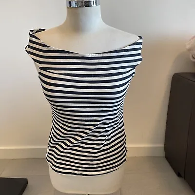 $20 • Buy FOREVER NEW Navy White Striped Top 12 Stretch Off Shoulder 