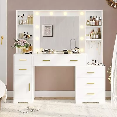 Large Vanity Desk With Lighted Mirror &Power Outlet Vanity Table With 6 Drawers • $239.97