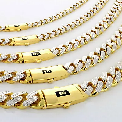 10K Yellow Gold Monaco Miami Cuban Pave Diamond Cut Chain Necklace 7.5mm- 15mm • $1012.98