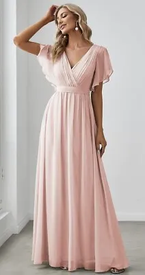 Chiffon Dress Pink EverPretty Size 14 V-Neck Flutter Sleeve Floor-Length NEW • £34.99