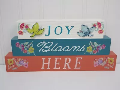 Pioneer Woman Spring Summer Tabletop Wood Sign Joy Blooms Here Floral Butterfly • $13.99