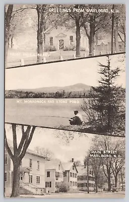 Marlboro New Hampshire Main Street Library Mt Monadnock Stone Pond VTG Postcard • $19.99