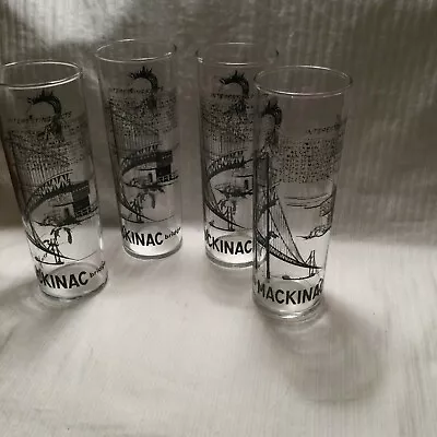 Mackinac Bridge Set Of 4 Glasses Black On Clear Glass Facts About Bridge • $4