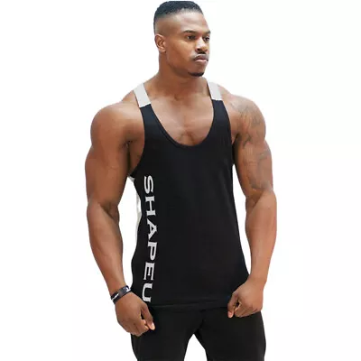Mens Gym Vest Racerback Bodybuilding Muscle Stringer Tank Top Bodybuilding Vest • £10.99