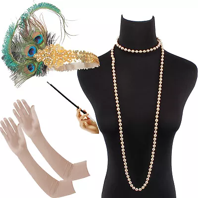 1920s Peacock Feather Gatsby Headpiece Flapper Headband Pearls Necklace Gloves • $7.64