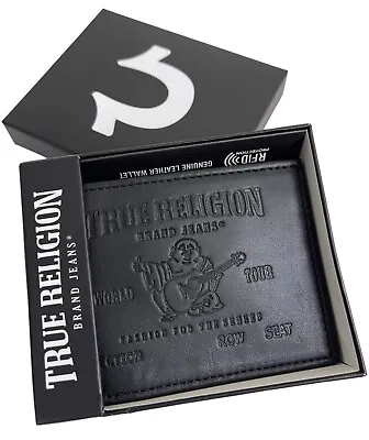 $34.99 • Buy True Religion Brand Black Genuine Leather Embossed Wallet New In Box BiFold RFID