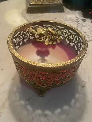 Vintage Matson Ormolu Gold Filigree Bird Flower Jewelry Casket Trinket Box • $85