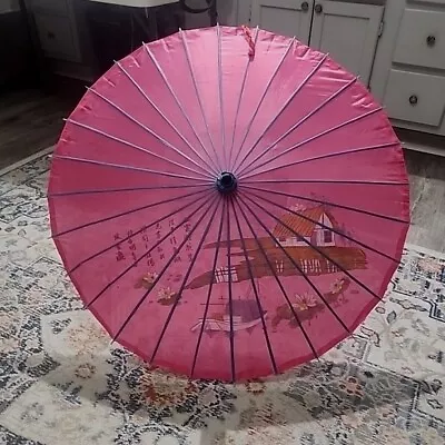 Vintage Asian Bamboo & Handmade Silk Fushia Umbrella  Parasol House & Lake Scene • $45