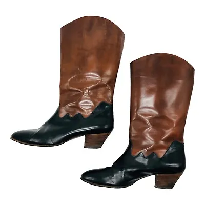 VTG Nordstrom Patent Leather Brown Scallop Colorblock Dress Boots Italy 37.5 / 7 • $41.04