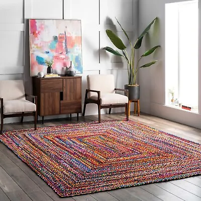 NuLOOM Hand Made Bohemian Braided Cotton Area Rug In Multi Color Chindi • $89.69