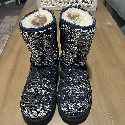 Ugg Classic Short Blue Sequin Boots Womens Size 7 Shoes 1002765 • $80