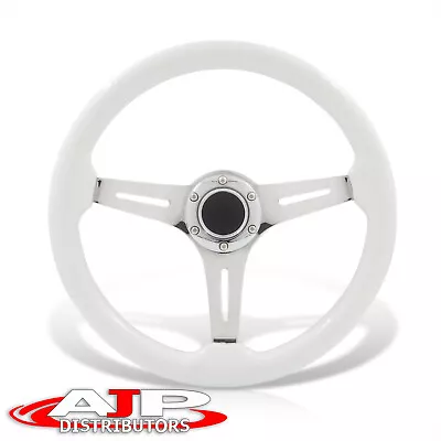 Deep Dish 6-Bolt White Wood Silver Steel Steering Wheel+Horn Universal 350mm 14  • $57.99