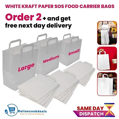 White Paper Bags With Handles Takeaway Food Gift Grocery Shopping Kraft Bag Bulk • £10.25