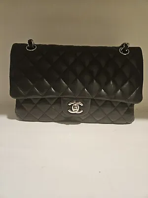 Chanel Black Lambskin Medium Double Flap Bag With Silver Hardware-AUTHENTICATED • $2999