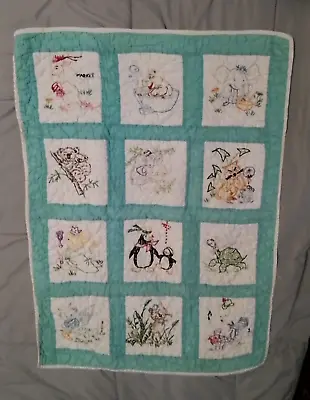 Embroidered Baby Quilt Hand Sewn Stitched Zoo Farm Animals Size 25”x 35” • $33.50