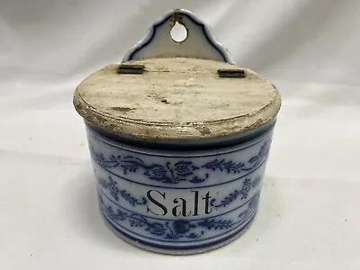 Vintage German Porcelain Salt Box With Wood Lid White Blue Floral Design • $29.99