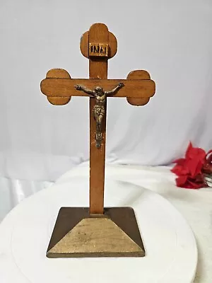 Vtg Standing Wood & Metal Base Crucifix 10  USA- A5 • $39.99