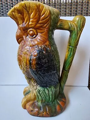 Antique Vintage Majolica Parrot Cockatoo Ceramic Pitcher 10  Multicolor Crazing • $60