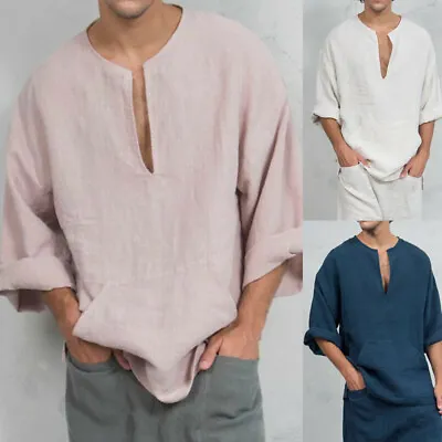 £25.30 • Buy Men Linen Cotton T-Shirt Kurta Islamic Tops Tee Shirt Loose Wide Long Sleeve