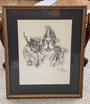 Framed Pollard Charcoal Print - The Trinity - 1989 - Pope Mother Theresa Mary • £67.50