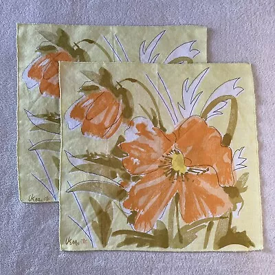 Vera Neumann Set Of 2 Vintage 15  X 17  Cloth Napkins Orange Flowers On Yellow • $16.99