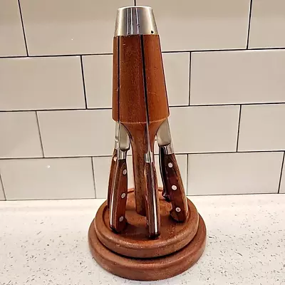 Vintage Mid-Century Modern Rotating Wooden Knife Block With 6 Steak Knives MCM • $69.97