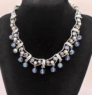 Vintage CORO Blue AB Rhinestone  Faux Pearl  Blue Crystal Bead Fringe Necklace • $40