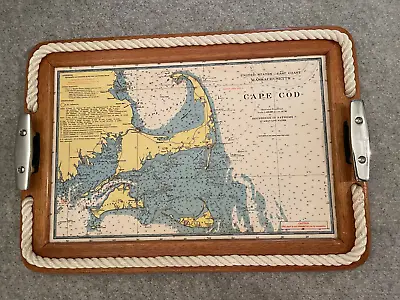 Vintage CAPE COD Marine Chart Map 14 ½”x20 ½” Serving Tray Wood Frame Rope Trim • $44