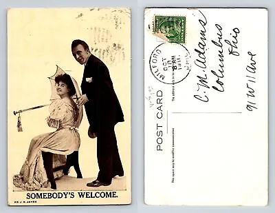 Somebody’s Welcome Postcard 1911 Smiling Couple Parasol Divided Back • £5.69