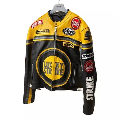 LUCKY STRIKE Men Motorcycle Leather Jacket Black & Yellow Classic Biker Jackets • $58.33