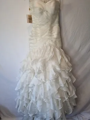 Imoda Ivory Organza Sweetheart Ruched Ruffled Mermaid Train Wedding Dress Sz 10 • $1042.13