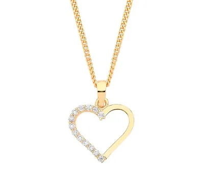 9ct Yellow Gold Diamond Heart Pendant Necklace + 18 Inch Chain • £65.95
